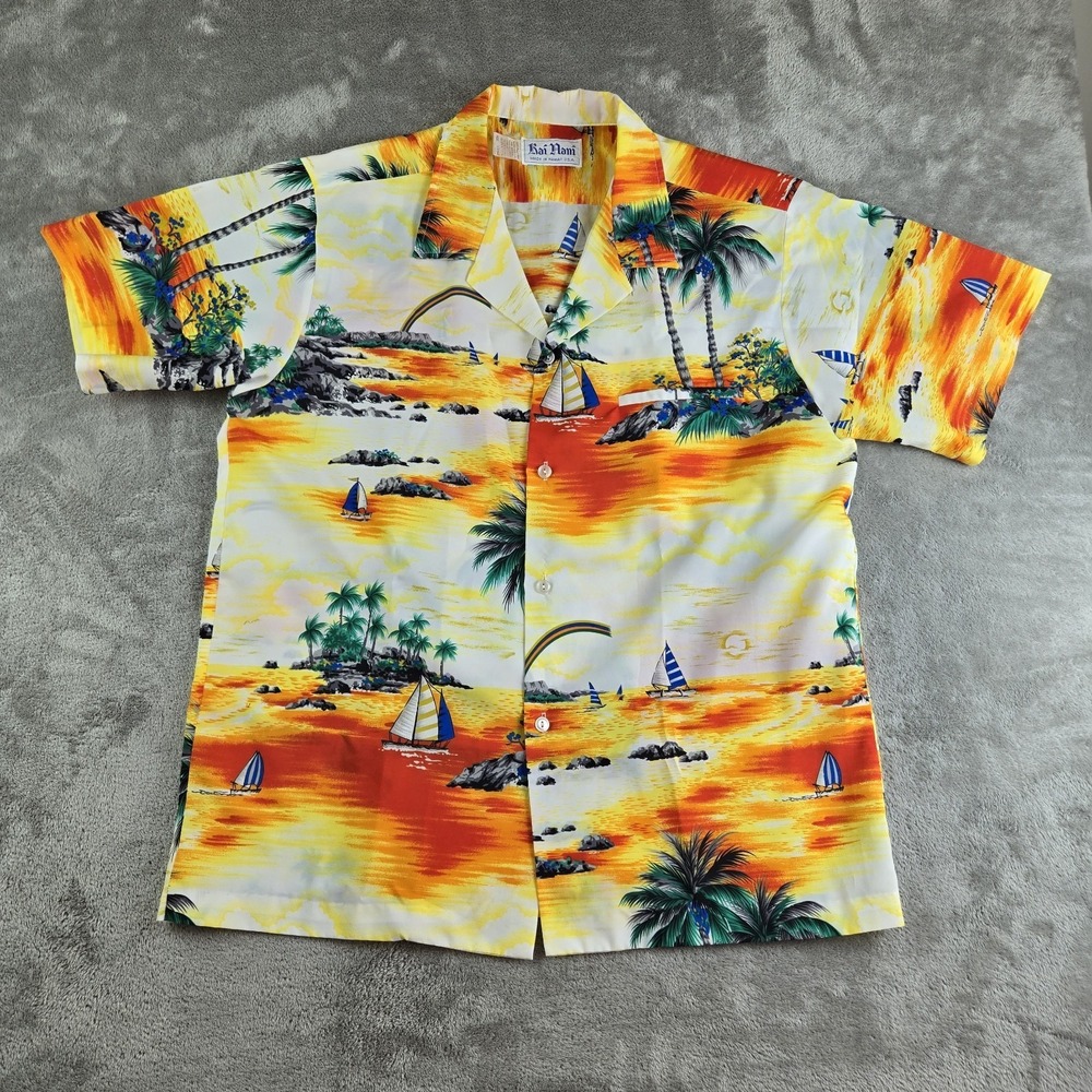 Vintage Rai Nani Shirt Mens Large Orange Yellow Sailboats Lightweight Trees Loud
